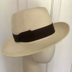 Great summer item, Panama straw hat made in Ecuador. Brown grosgrain ribbon around hat. No marked size. I would say it is a small men’s to medium women’s. Approximate measurements. 2 3/4” brim 4- 4 1/2” height Circumference of hat is approximately 21 1/4”. Vintage Curved Brim Hat For Travel, Classic Brown Flat Bill Sun Hat, Classic Brown Flat Bill Straw Hat, Brown Flat Bill Classic Sun Hat, Vintage Flat Brim Fedora For Travel, Adjustable Flat Bill Fedora For Travel, Vintage Brimmed Fedora For Travel, Vintage Brimmed Travel Hat, Vintage Wide Brim Travel Hat