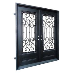 two black doors with wrought iron designs on each side and one door open to the other