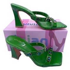 New With Box Size 6 3 Inch Mid-Block Heel Double Straps With Diamonds Detail **142 Trendy Green Heels With Buckle Closure, Green Square Toe Sandals For Party, Trendy Green Heels With Square Toe, Green Square Toe Party Heels, Nude Heeled Sandals, Ankle Strap Block Heel, Square Toe Sandals, Wrap Heels, Strappy Sandals Heels