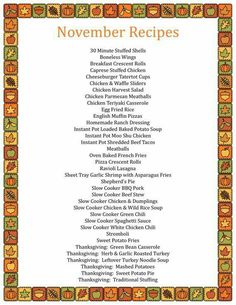 an autumn themed menu with pumpkins and leaves on the border, including words that read november recipes