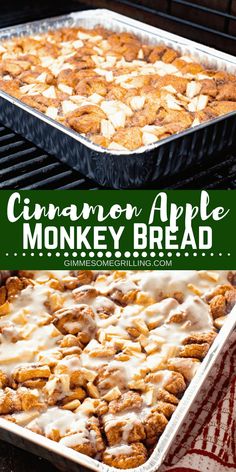 cinnamon apple monkey bread with white icing in a baking pan and on top of an oven