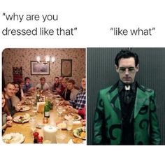 two pictures with people sitting at a table in front of them, and one is wearing a green jacket