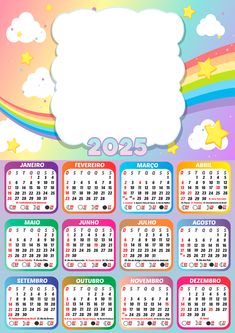 a calendar with rainbows and clouds in the background