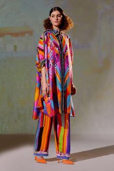 Shop for Rajdeep Ranawat Multi Color Kamara Silk Shirt Tunic for Women Online at Aza Fashions Rajdeep Ranawat, Abstract Shirt, Tunics Online, Striped Pant, Color Abstract, Satin Color, Modern Bride, Pant Set, Womens Tunics