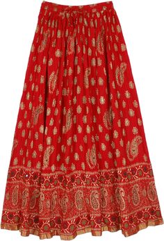 This is an ethnic red crinkled cotton long summer skirt with amazing paisley print in gold paint all around and decorative mirrorwork on the front.  It is accentuated with a golden brocade border hem trim. #tlb #Crinkle #Misses #Paisley #Indian #Redskirt #cottonsummerskirt Bollywood Style Red Skirt For Festivals, Traditional Festive Maxi Skirt For Festivals, Long Summer Skirt, Long Skirt Summer, Printed Long Skirt, Ankle Length Skirt, Trendy Skirts, Red Skirt, Dance Skirt