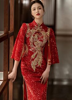 Red phoenix sequin cheongsam wedding dress Red Cheongsam With Stand Collar For Parties, Long Festive Cheongsam For Party, Red Long Sleeve Cheongsam For Party, Cheongsam Gown, Qipao Gown, Red Chinese Wedding Dress, Traditional Qipao, Chinese Gown, Chinese Wedding Dress Traditional