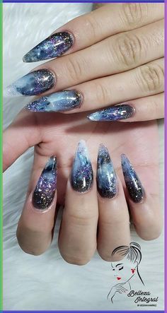 Easy Halloween nails include simple and low key nail art, such as spider webs, pumpkins, zombies and many others. Check out more ideas! Blue Goth Nails, Cosmic Nail Art, Witchy Nails Stiletto, Galaxy Acrylic Nails, Simple Witchy Nails, Galaxy Nail Designs, Glitter Stiletto Nails, Amethyst Nails