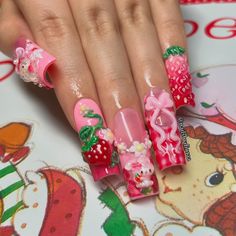 Strawberry Nails Designs, Decora Nails, Strawberry Shortcake Nails, Strawberry Vines, Cake Nails, Cartoon Nail Designs, Strawberry Nails, Berry Nails, Kawaii Nail Art