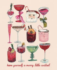 a christmas card with different types of cocktails and santa's face on it