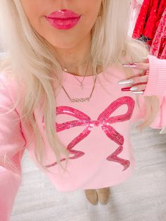 Coquette Cutie Pink Bow Sweater | Sassy Shortcake Sassy Shortcake, Sequin Pink, Bow Sweater, Sequin Bow, Pink Sequin, Really Cute Outfits, Bubblegum Pink, Fit Inspo, Dream Clothes