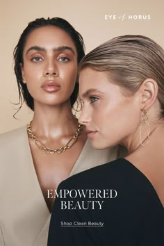 two women wearing earrings and necklaces with the words empoved beauty above them