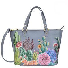 Anuschka style 693, Medium Tote. Desert Garden painting in grey color. Top zip entry, Removable handle with full adjustability. Painted Leather Bag, Anuschka Handbags, Painted Handbag, Slouch Bags, Desert Garden, Hand Painted Leather, Trim Top, Large Handbags, Painting Leather