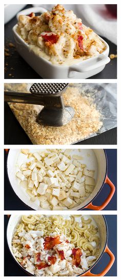 four different pictures showing how to make macaroni and cheese casserole