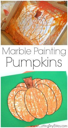 an image of pumpkins made out of paper with the title, marble painting pumpkins