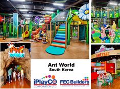 an assortment of children's play areas with slides and climbing walls