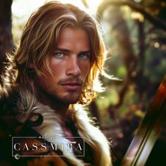 a man with long blonde hair and blue eyes wearing a fur coat in the woods