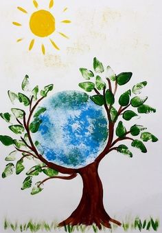 a drawing of a tree with the sun above it