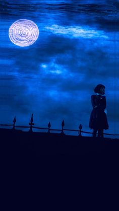 two people standing in front of a fence under a blue sky with the moon behind them