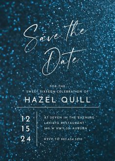 save the date card with blue glitter and white ink on it, in front of a black background