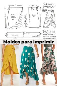 three different types of skirts with measurements for each one, including the bottom and side