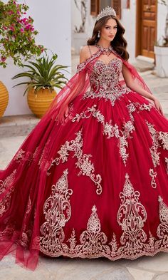 Sweetheart quinceanera dress with embroidered lace, beads, stones, and glitter. Long sheer cape included. Quinceanera Dresses Damas, Red Wedding Dress Mermaid, Sweetheart Ballgown, Sweet 16 Gowns, 15 Quinceanera, Purple Quinceanera, Damas Dresses, Purple Quinceanera Dresses, Red Wedding Dress