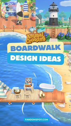 the animal crossing board walk design ideas is shown in front of an image of a beach