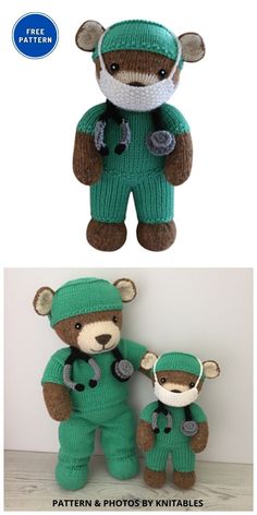 two knitted teddy bears in green outfits