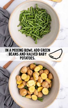 two bowls filled with green beans and potatoes next to the same bowl full of them