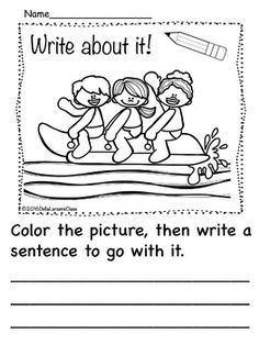 a coloring page with the words write about it and an image of two children on a boat