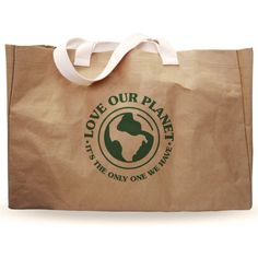 a brown bag with the words love our planet printed on it