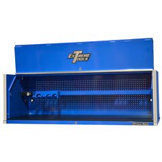 a blue tool cabinet with tools in it