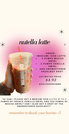 a person holding up a drink in front of a pink and white background with the words nutella latte on it