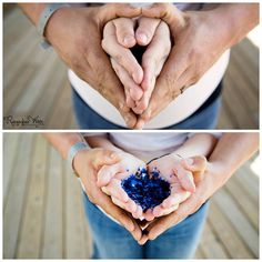 two pictures of hands holding blue sand in their palms, and the other showing them