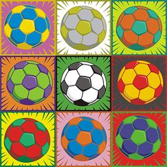 a group of different colored soccer balls on a green and red background with sunbursts