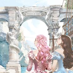 two beautiful women standing next to each other in front of an arch with the words princess written on it