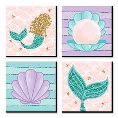 four mermaid themed cards with gold glitters and blue, green, pink, and purple designs