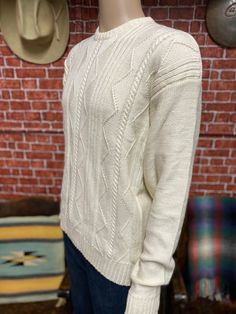 "Nice cable knit round collar beige sweater size medium. Good used condition, 100% acrylic. Tag label Concrete, made in Hong Kong. Please, check carefully the measurements, photos and description of the article before buying it, we do not accept changes or returns. Measuraments lying face down from outside: 21\" Across chest underarm to underarm. 22\" Shoulder seam to seam. 24\" Sleeve length from shoulder to cuff. 16\" Waist at bottom hem. 26\" Long, front middle top to bottom. Let me know if y Beige Cable Knit Crew Neck Sweater, Classic Beige Cable Knit Sweater, Cream Cable Knit Vintage Sweater, Mens Pullover, Pullover Sweater Men, Velvet Jacket, Collar Sweater, Face Down, Beige Sweater