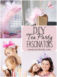 tea party fascinations with pink and white feathers on top, two girls in dresses