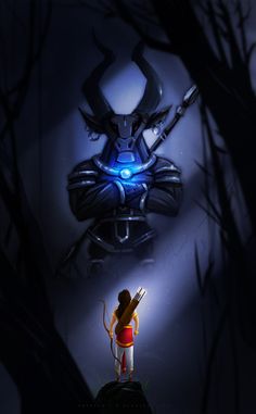 a person standing in front of a demon with a light on their head and arms