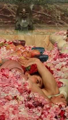 a painting of a man laying in the middle of flowers with his head on another man's chest