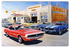 a painting of cars parked in front of a building