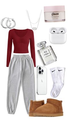 a woman's outfit and accessories including shoes, socks, headphones, an air freshener bottle