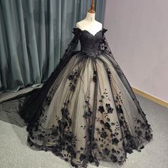 Bell Sleeve Ball Gown, Lace Colored Wedding Dress, Dark Blue And Black Quinceanera Dresses, Purple And Black Quince Dress, Black Quinceanera Dresses With Sleeves, Black Lace Wedding Dress With Sleeves, Black Princess Dress Fairytale, Black And White Quinceanera Dresses, Goth Quinceanera