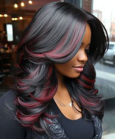 Black Hair Cherry Highlights, Cherry Highlights, Raven Black Hair, Dark Cherry Hair Color, Dark Cherry Hair, Hair Colors For Dark Hair, Black Cherry Hair Color, Bob Hairs, Black Cherry Hair