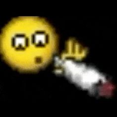 a yellow smiley face with two eyes pointing at something in the dark, while another looks on