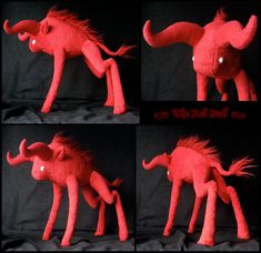 four pictures of a red stuffed animal with long hair and tail, on black background