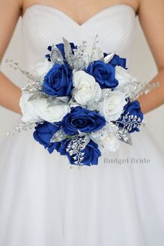 a bridal bouquet with blue and white flowers in the bride's hand,