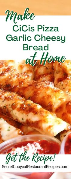 a close up of a plate of food with text overlay reading make garlic pizza garlic cheesy bread at home get the recipe