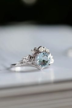 Aquamarine engagement ring, gold promise ring with diamonds / Ariadne | Eden Garden Jewelry™ Aquamarine Engagement Ring Gold, Engagement Rings Romantic, Eden Garden, Engagement Ring Gold, Gold Promise Ring, Mixed Metal Rings, Ivy Leaves, Leaf Engagement Ring, Nature Inspired Rings