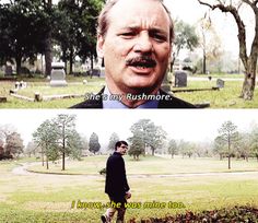 two different pictures of the same man in front of a cemetery, one with his mouth open